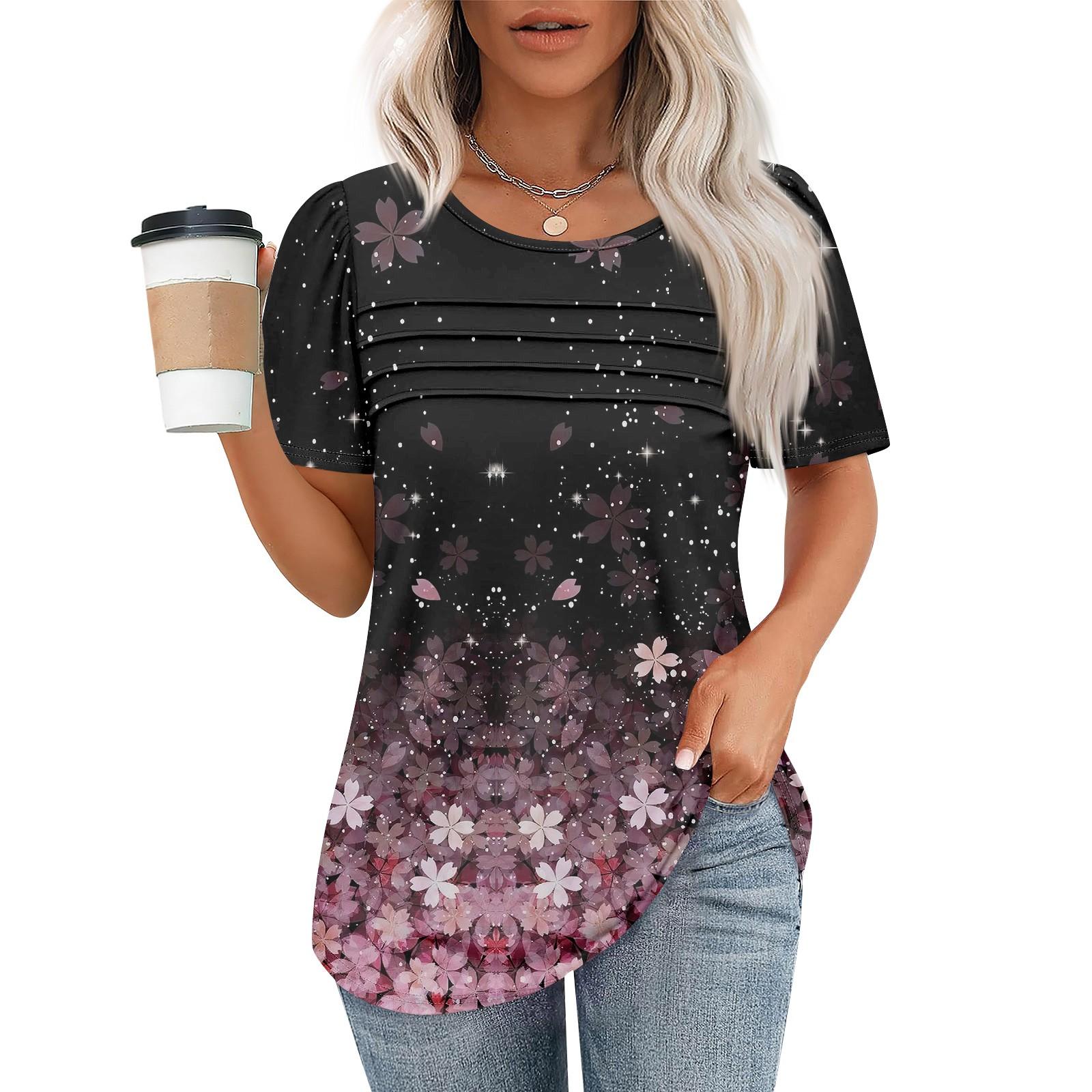 

Футболки для женщин, плиссированные, с круглым вырезом, нарядные, повседневные, блузки с принтом, с коротким рукавом, летние топы, свободный крой XL розовый