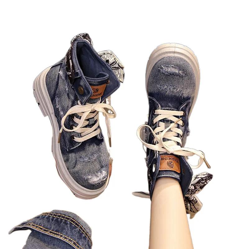 Fashion Woman Shoes 2025 Women's Autumn Retro Denim British Style Foreign Style Small Short Boots Thick-soled Heightening Boots