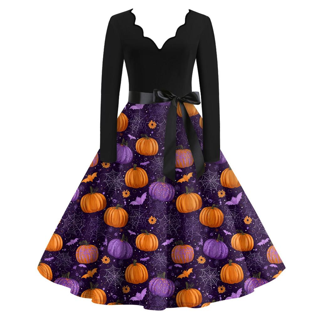 Women's Casual Fashion Long Sleeve Halloween Graphic Printed Vintage Long Dresses