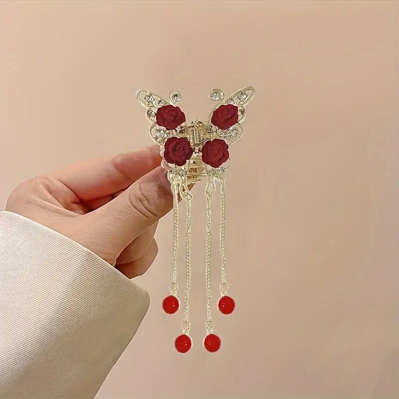 Clips de păr retro roșu catifea trandafir fluture gheară stras lux ciucure accesorii de păr agrafe crab pentru femei accesorii de păr podoabă de cap franțuzească