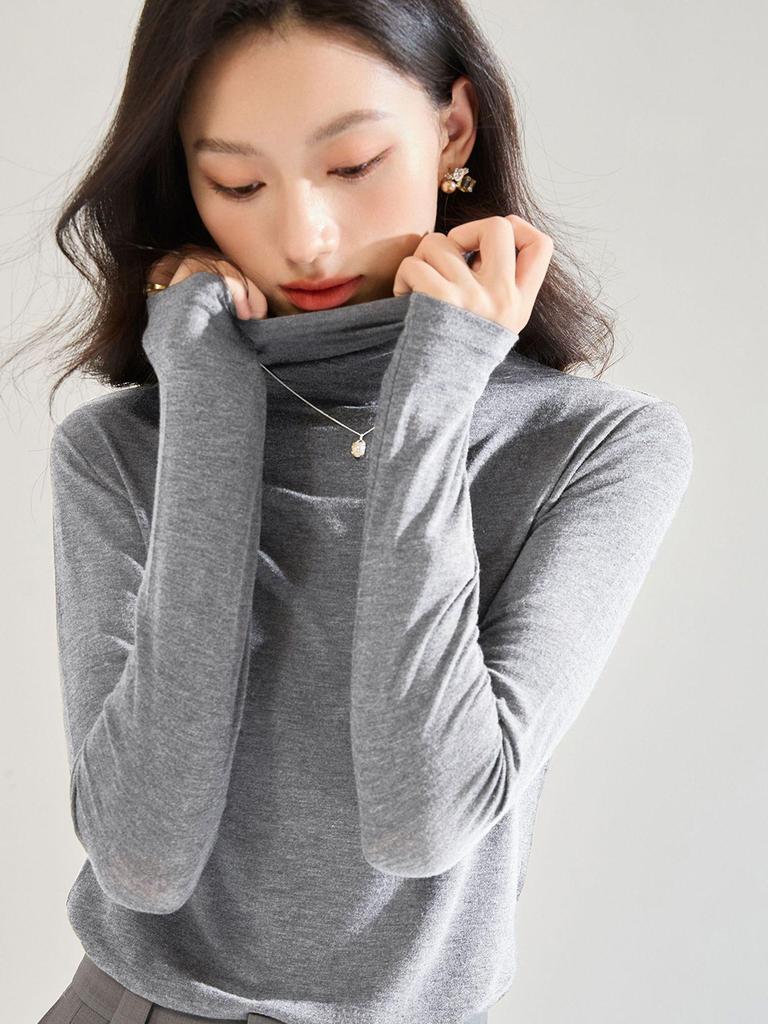Women's Lightweight Silky High Neck Wool Blend Long Sleeve T-Shirt - Autumn Collection