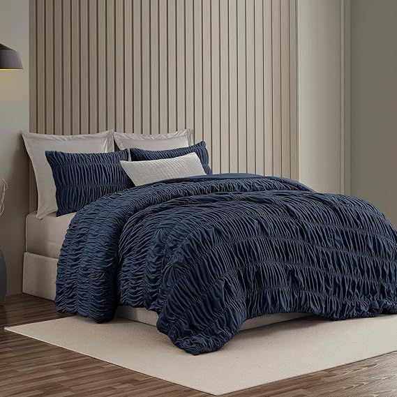 

Elegant Velvet Navy King Quilt Set, Handmade Ruffled Crinkle Stripe Reversible 3-Piece Cotton Bedding тёмно-синий