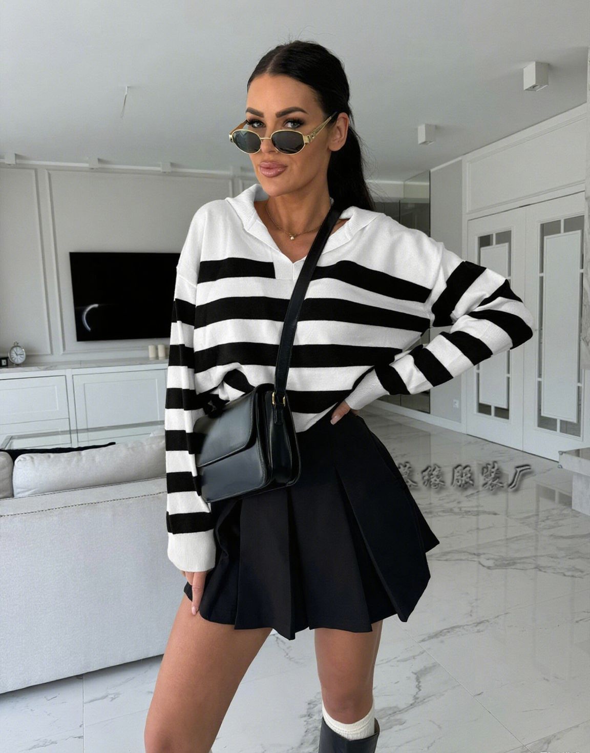 Autumn and winter top collar striped contrasting sweater lazy loose lapel pullover knitted top knitted sweater S