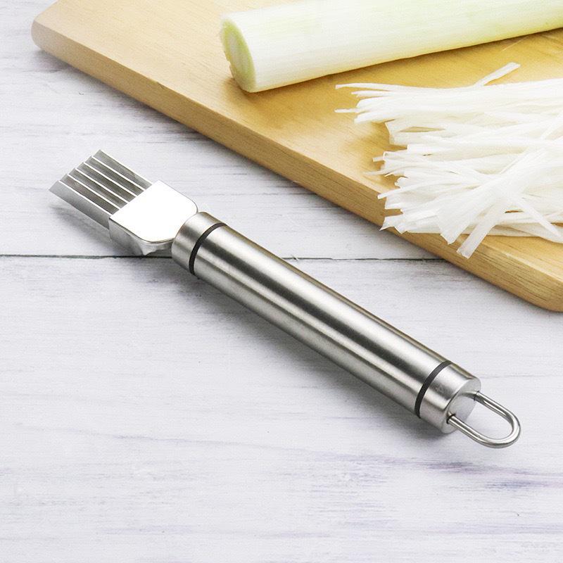 Multifunctional Stainless Steel Vegetable and Onion Slicer with Celery and Scallion Cutting Capabilities.