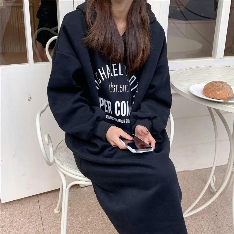 YYFS Women's Fashion Fall Winter Long Sleeve Hooded Loose Waistline Casual Dresses