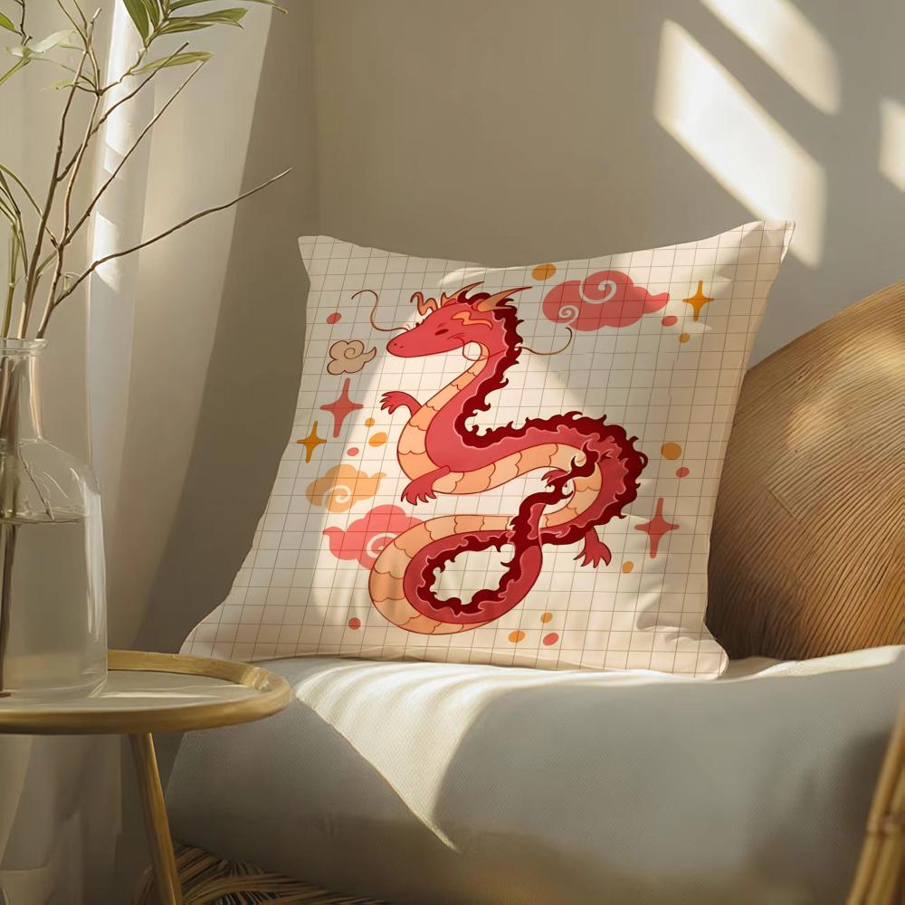 Cartoon Of Oriental Dragon Illustration Pillow Case Double-Sided Plush Sofa Cushion Covers Organic Breathable Invisible Zipper