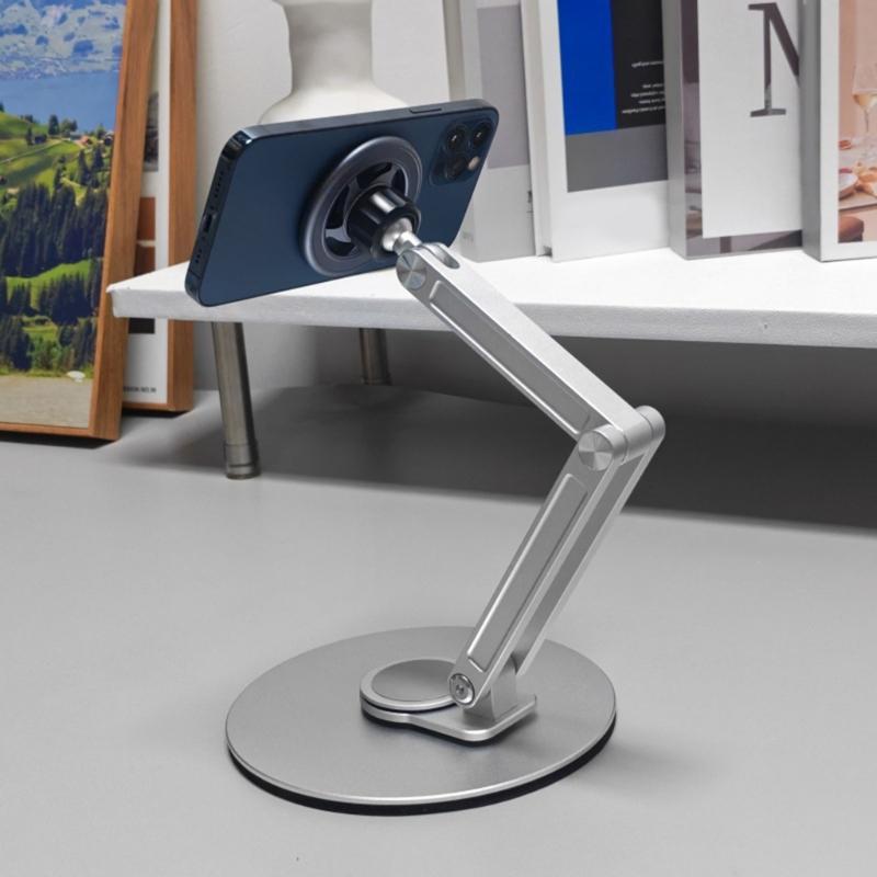 Aluminum Magnetic Phone Mount Stand With Height Adjustment 360 Degree Rotation Foldable Base For Tablets And Smartphones