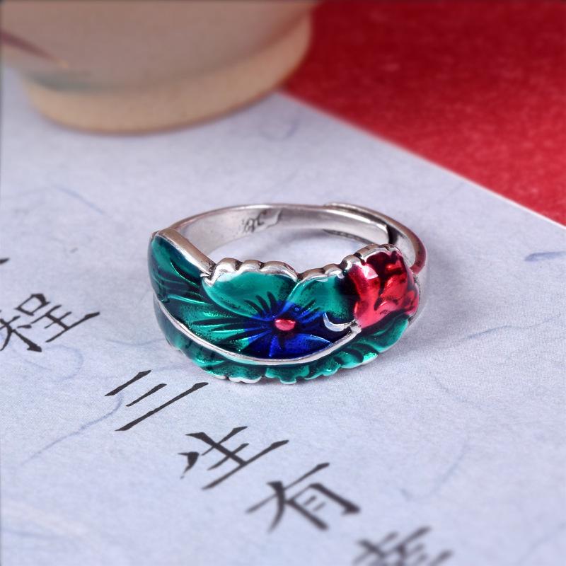 Elegant Blue Lotus Chinese Ink Open Adjustable Ring – Exquisite Craftsmanship & Classical Luxury Design for Women Open Adjustable