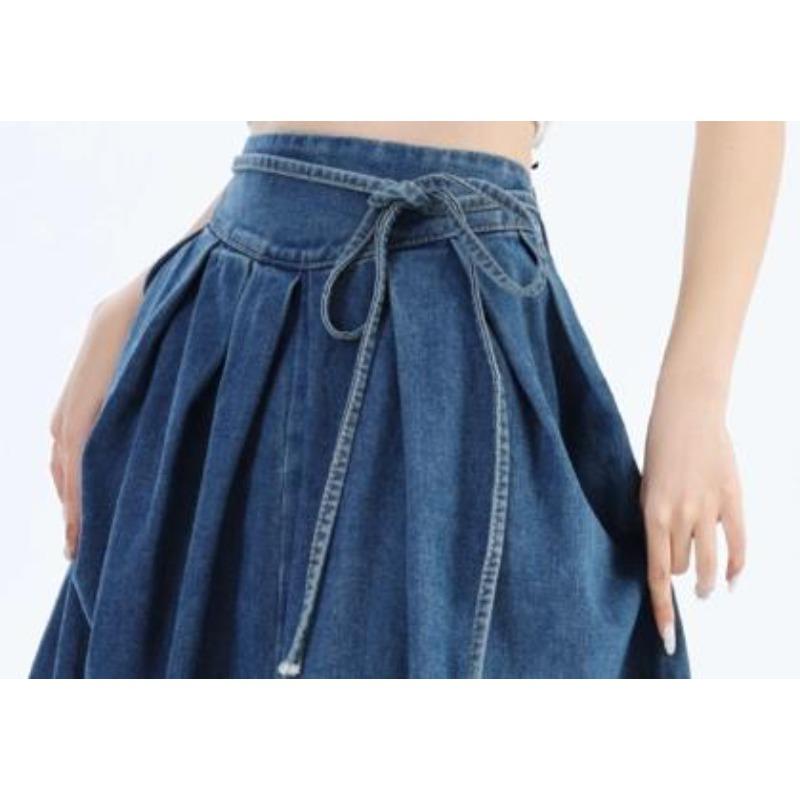 Lace Up Corset Midi Long Skirts Women Spring Summer Korea Style Vintage High Waist Jean Skirt A Line Ruffle Pleated Denim