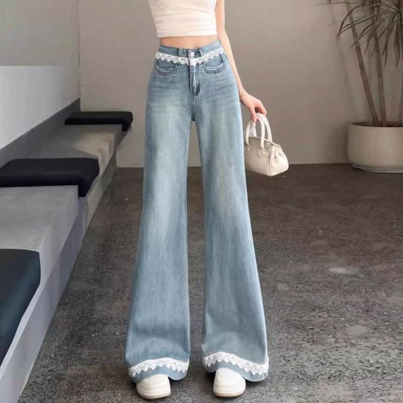 High Waist Wide Leg Denim Pants With Lace Trim Women Plus Size Loose Fit Flared Trousers 2025 XS