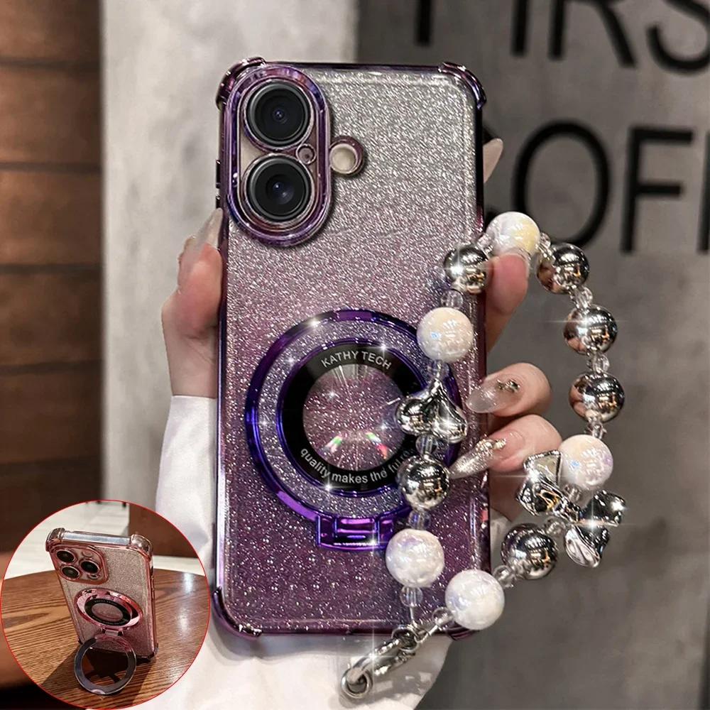Shockproof Plating For Magsafe Bracket Bead Bracelet Case For Xiaomi Redmi Note 14 15 Pro Plus 15 15C 14C 14S 5G Glitter Cover
