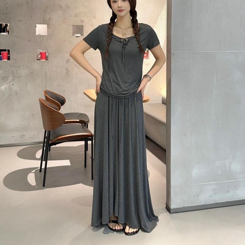Damen Sommer Modal Schlafanzug Sets Übergröße M bis 6XL Krawattenhals Kurzarm T-Shirt und Kordelzug Hoher Bund Langer Rock Lässige Mode 2-teiliges Set