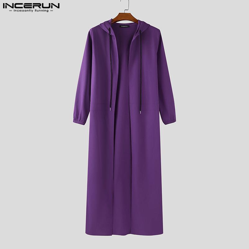 INCERUN Men Collarless Long Sleeve Open Front Long Hooded Cardigan Coats Windbreaker