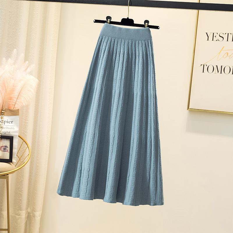 Knitted Skirt for Women Autumn and Winter High Waist Mid Length A-line Pleated Skirt