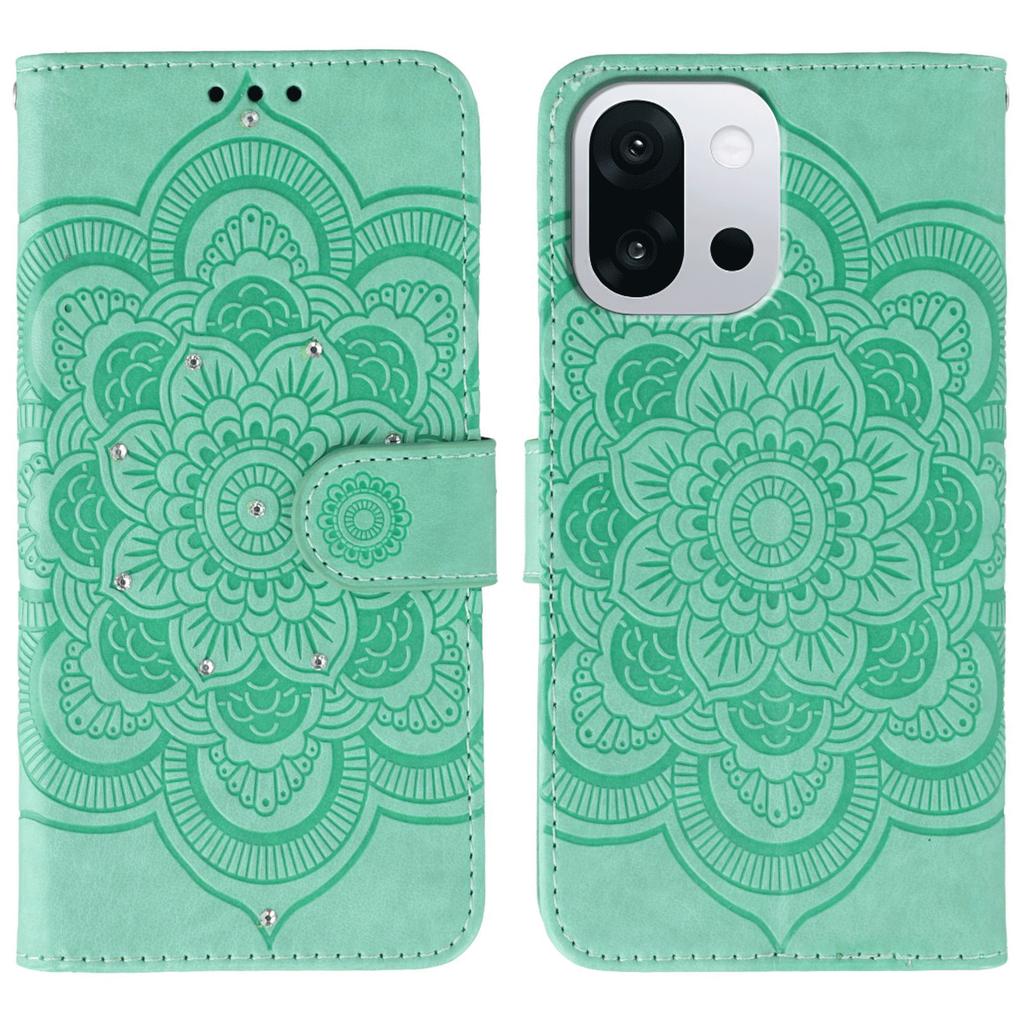 For OnePlus 13T 5G Case Rhinestone Decor PU Leather Mandala Imprinted Design Phone Cover with Wrist Strap