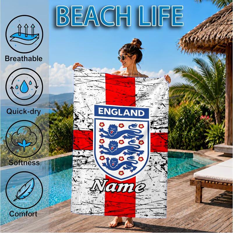 Custom Name Beach Towel England Heritage Crest Microfiber Beach Towel, Lightweight for Summer Travel, Swimming Pool Fan Birthday Gift
