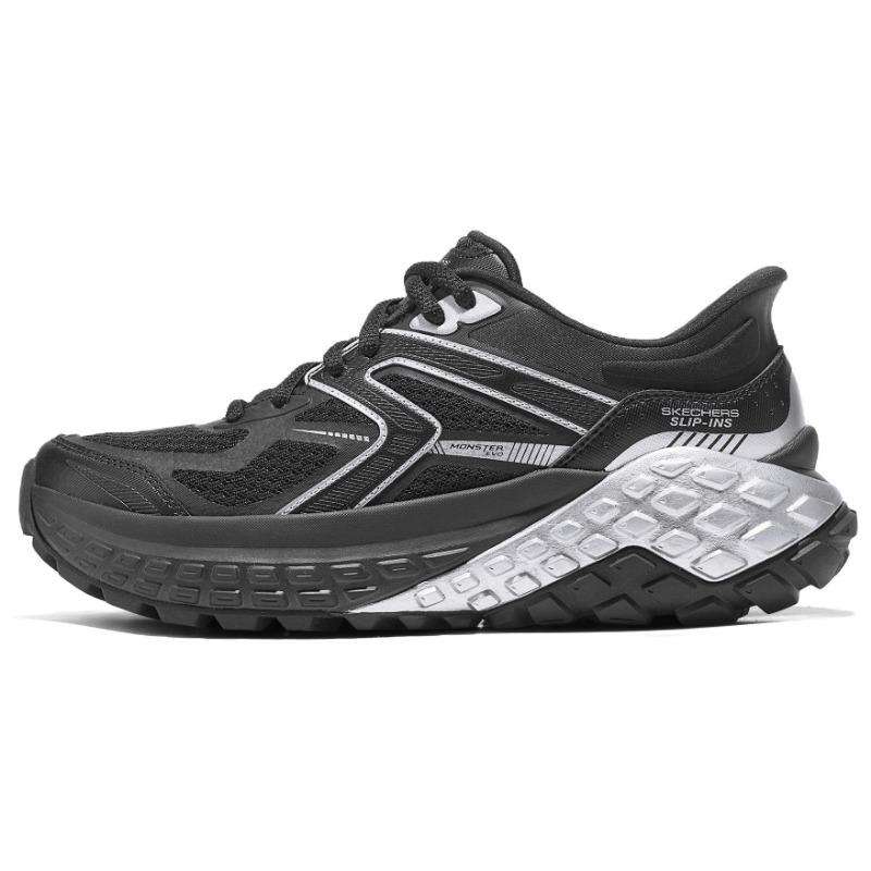 Skechers Slip-ins Monster Evo Women Fabric Synthetic Leather Comfort Low Top Running Shoes Black Silver 150681-BKSL 35