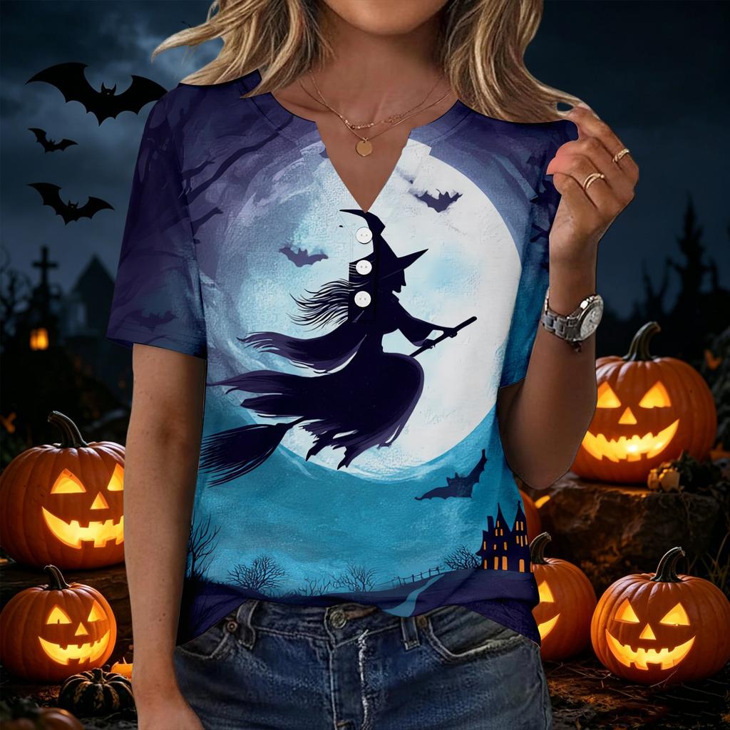 Women's Casual Halloween Print V Neck Short Sleeve Button Front T Shirt Top Lightweight Comfortable Fit for Everyday Wear