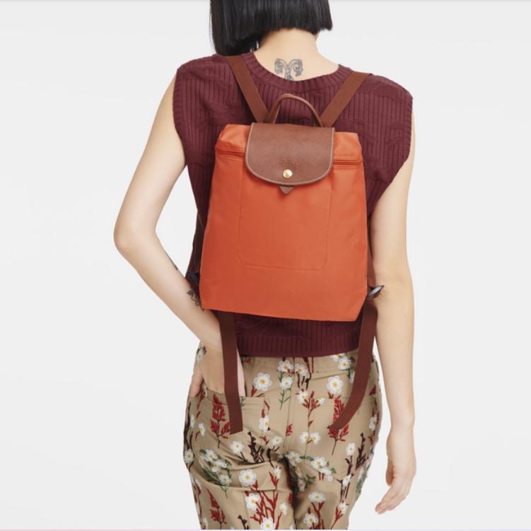 Longchamp Le Pliage Einfarbig Reißverschluss Geprägtes Logo Druckknopf Segeltuch Rucksack Damenrucksack Orange 1699089P85