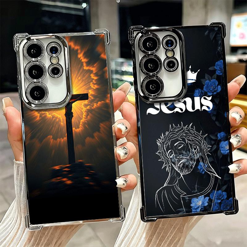 God Jesus Pray Cross Bible Plating Phone Case For Samsung Galaxy S24 S25 FE S26 Edge S23 Ultra S22 S21 Plus S20 Anti-Fall Airaba