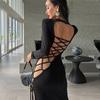 Bandage Long Sleeve Sexy Backless Maxi Club Party Split Dresses S-L