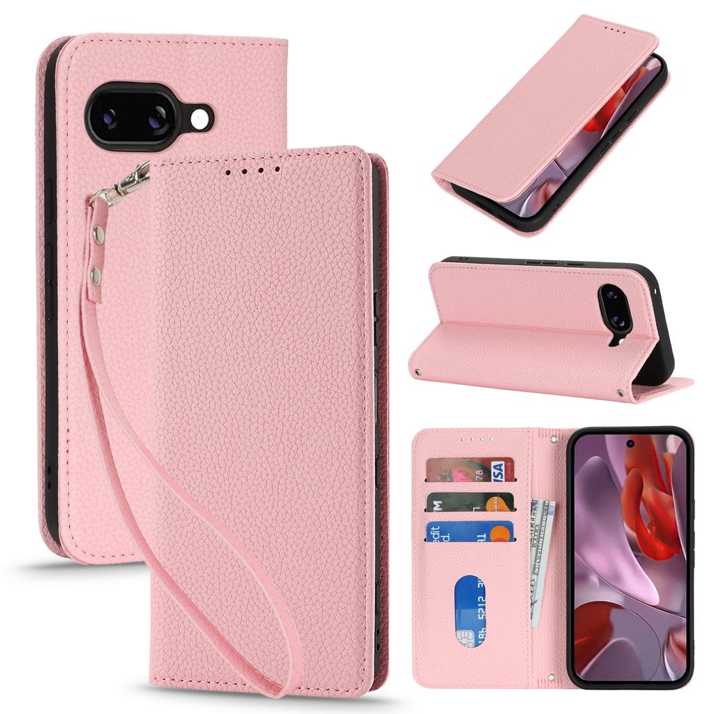 For Google Pixel 9a Case Stand Wallet Litchi Texture Leather Flip Phone Cover with Strap