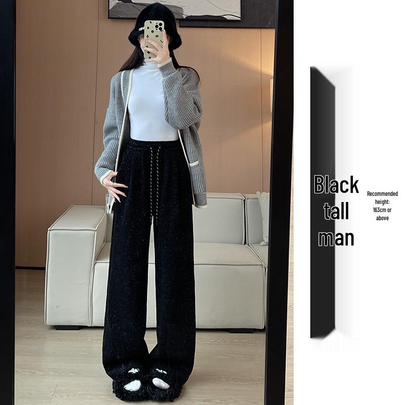 Women's Striped Wide-Leg Wool Pants, Spring/Autumn 2025: Loose, Casual, Drapey Twill with Silver Thread Detailing.