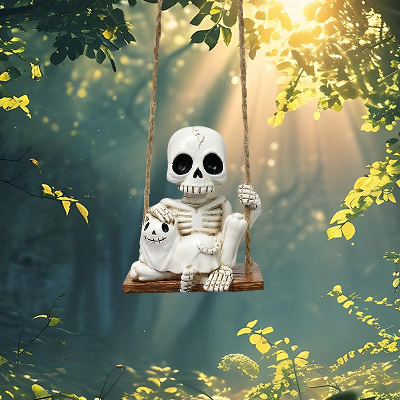 Swing Skeleton Holding Ghost Cat Garden Statue Outdoor Halloween Decor, 3.14 Inch Cute Skull Figurine Resin Sculpture