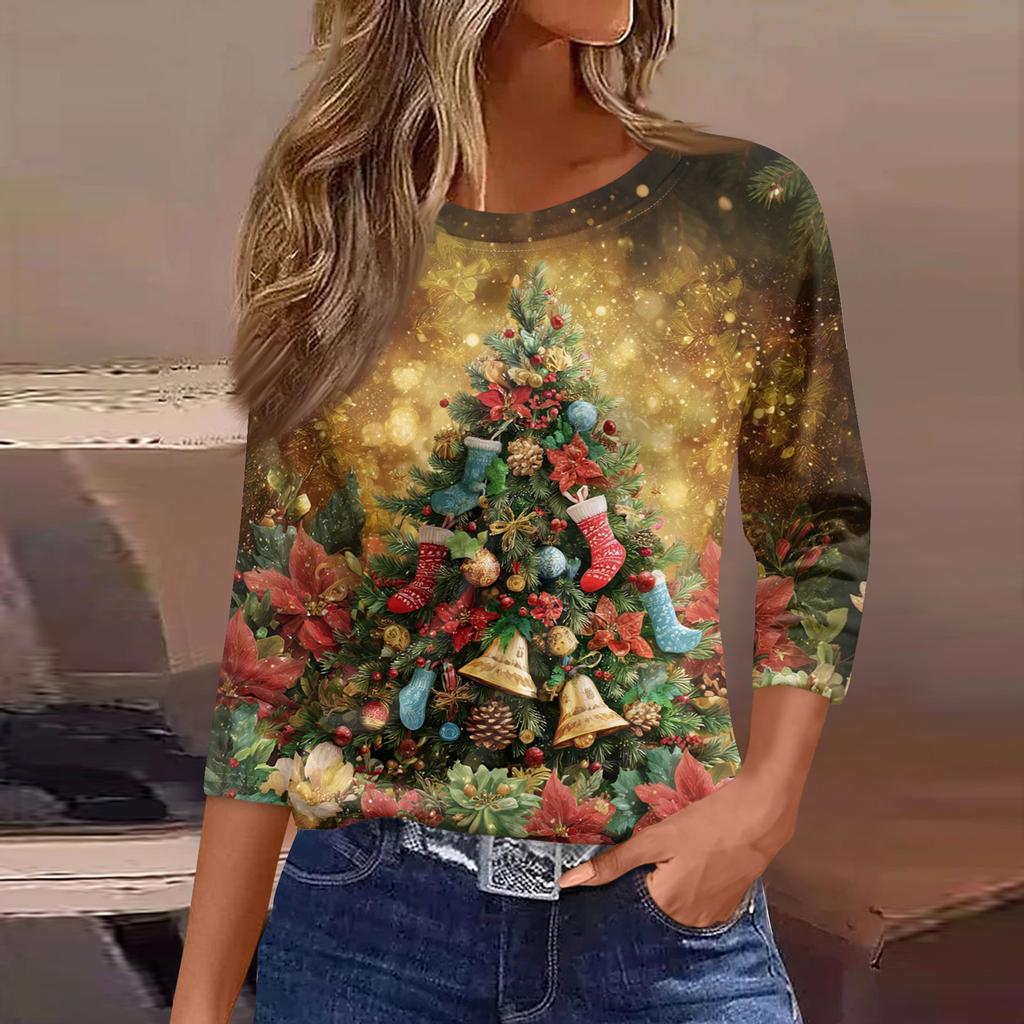 3/4 Sleeve Shirts For Women Print Graphic Tees Blouses Casual Plus Size Basic Tops Pullover