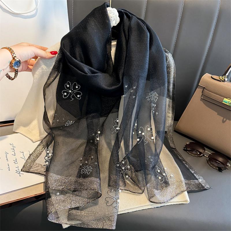 Luksuriøst skinnende blondeskjerf Silke Dame Hijab Myke ullsjal og omslag Stor blomst Tynne skjerf Foulard Kvinne Bufanda Ny