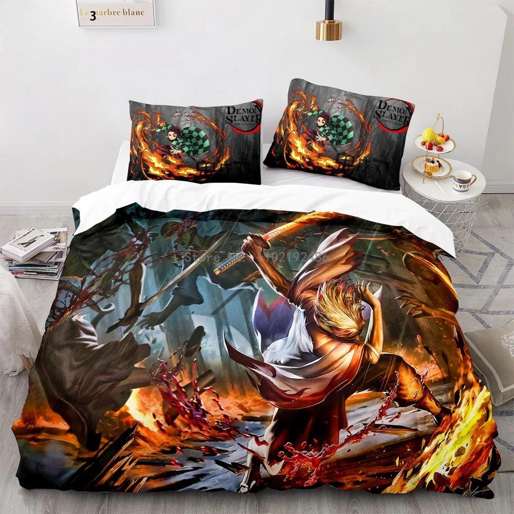 Juego de cama popular de Demon Slayer, funda de edredón con estampado de anime, fundas de almohada, decoración para habitación infantil, artículos para el hogar al por mayor