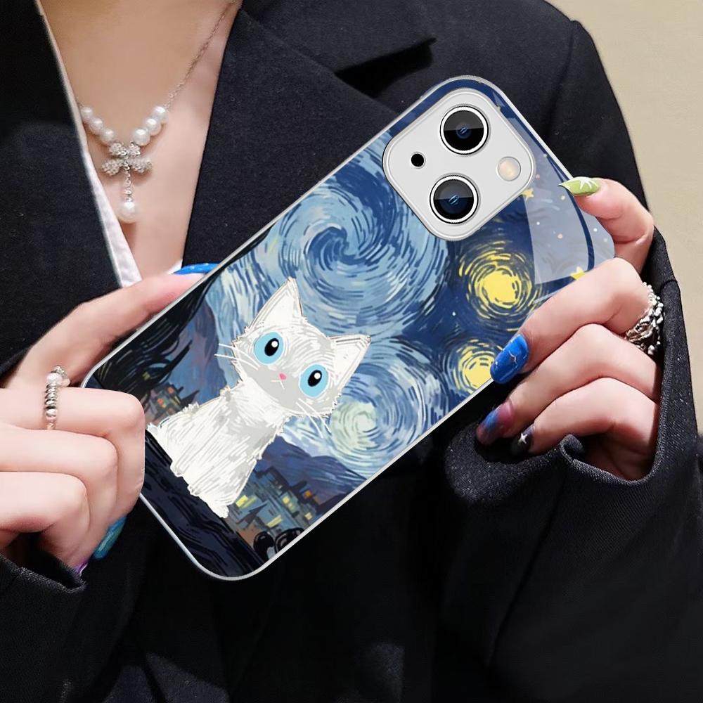 Starry Sky Cat Phone Case For IPhone 14 13 12 Mini 11 Pro XS Max X XR 14 Plus Tempered Glass Cover