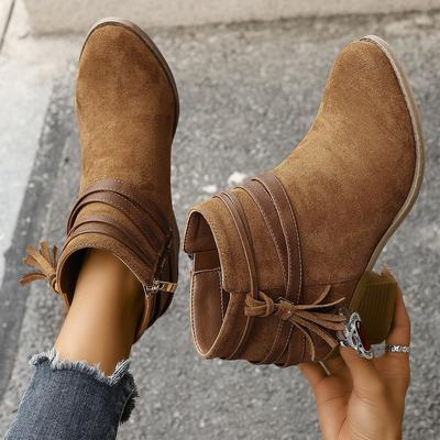 Autumn Winter Women Vintage Western Cowboy Boots Tassel Leather Ankle Booties Ladies Pleated High-heeled Mid-calf Shoes Women