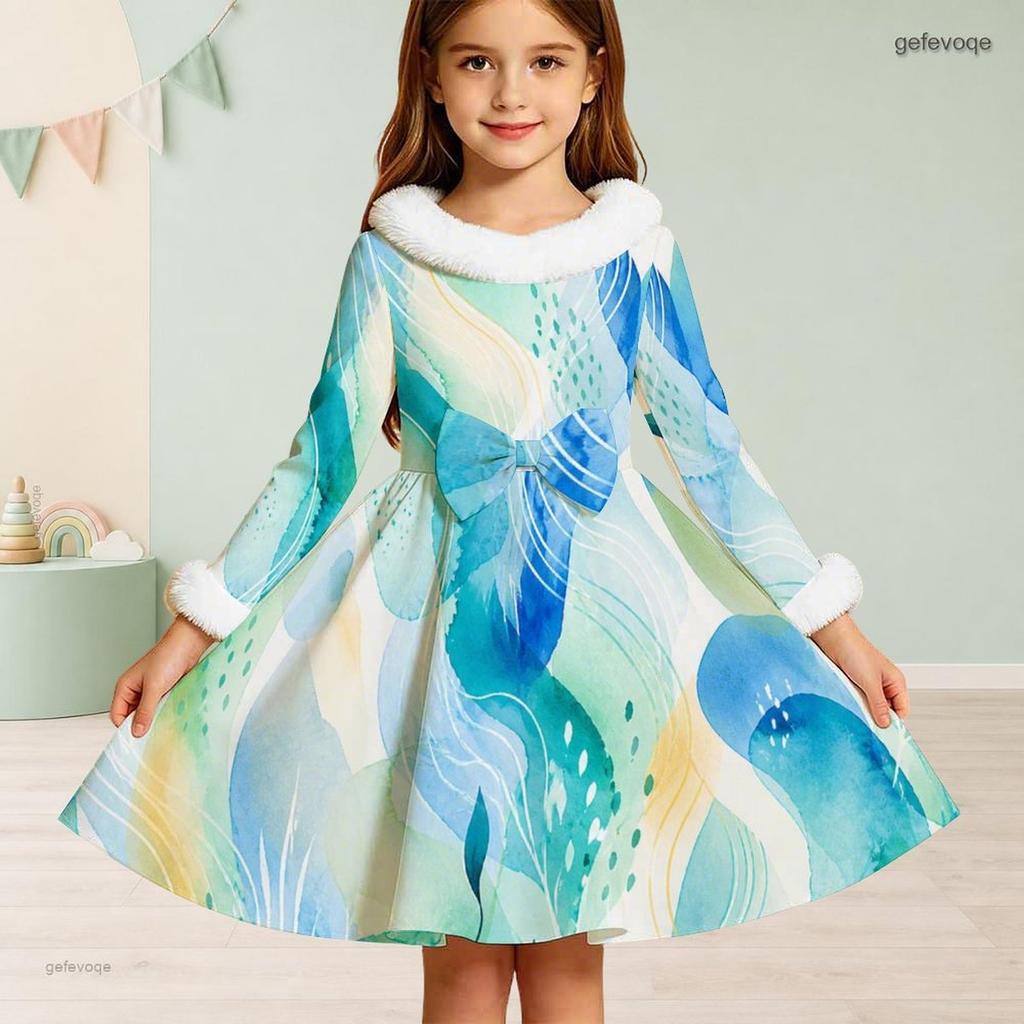 Girls Fur Trim High Neck Long Sleeve Watercolor Printed A Line Flared Dress With Waist Bow