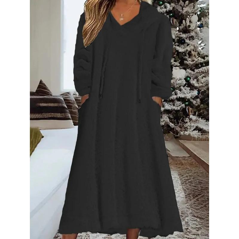 New Autumn Winter Casual Plush Hooded Long Sleeve Dress For Women Warm Home Wear Everyday Comfort Loose Maxi Dresses Robe Femme