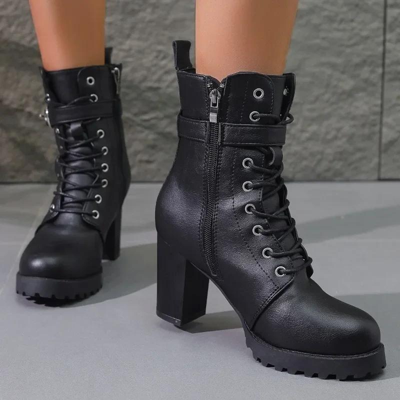 Women'S Ankle Boots Green Large Size Winter  New Horse Biker Chunky Rubber Bottom High Heel Platform Casual Basic Rain Shoes