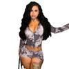 D9167 European and American hot-selling women's clothing, sexy perspective printing zipper long-sleeved top three-point shorts set