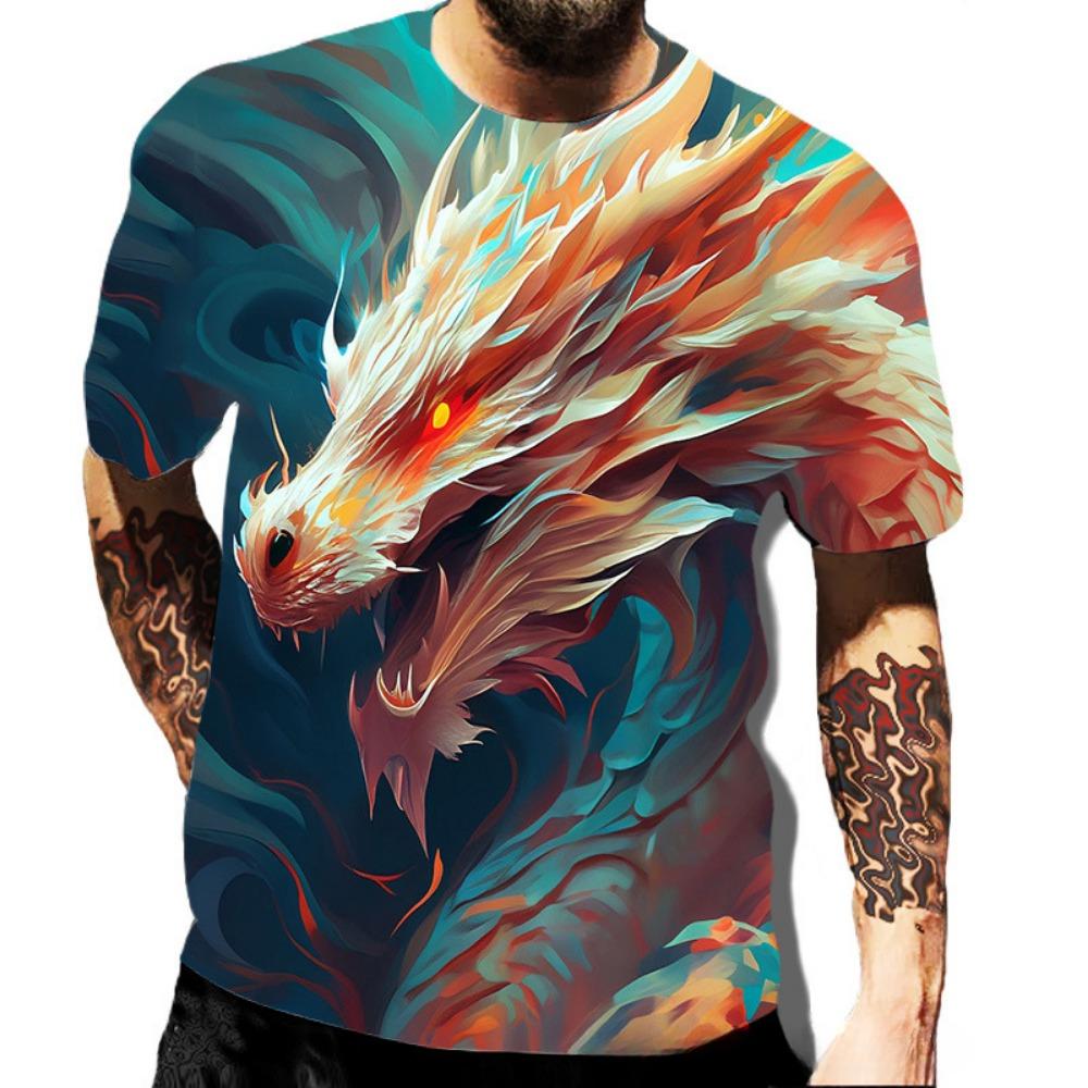Summer Round Neck 3D Dragon Series Print Top Fashionable Casual Short Sleeved Men's T-shirts