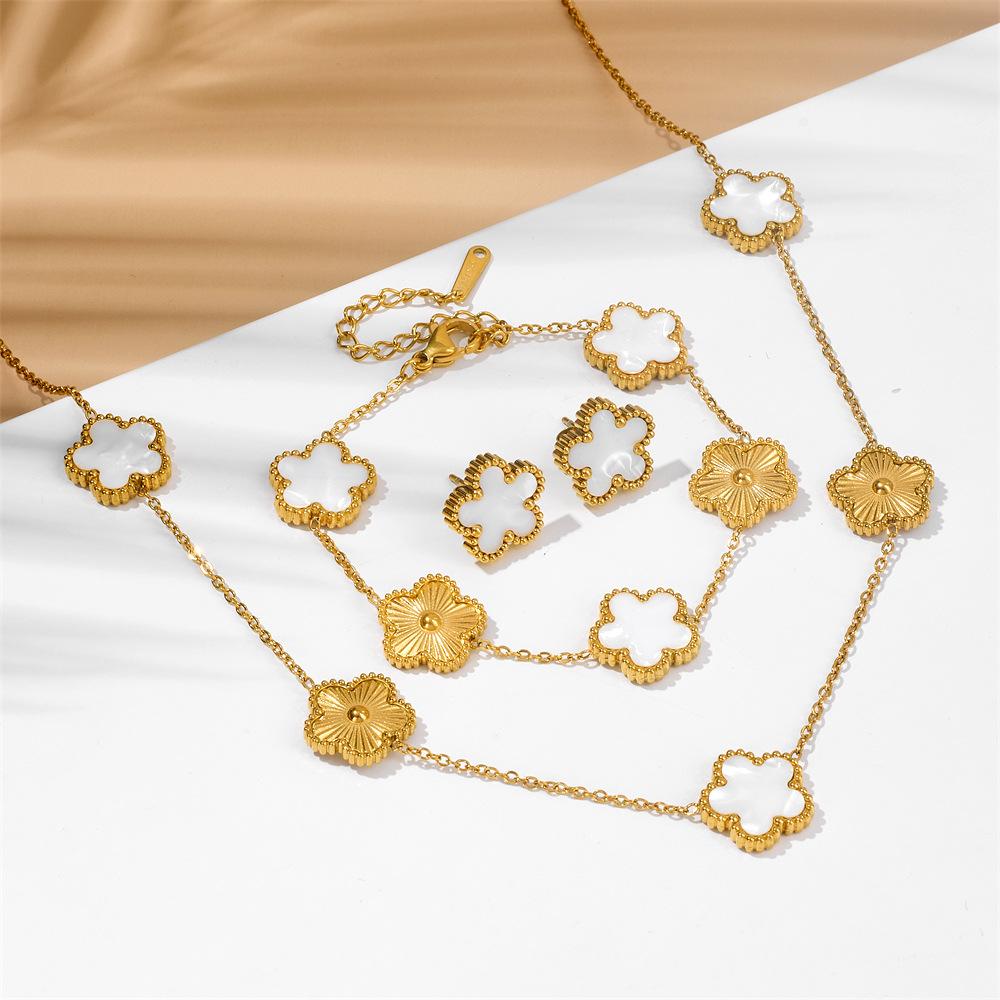 4PCS 316L Fünfblattklee Blume Ohrringe Halskette Armbänder Set Für Frauen 18k-Vergoldung INS Sale Schmuckset Geschenk beige