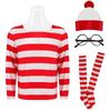 Wheres Waldo Striped Shirt Youth Boys Wally Costume Shirt Glasses and Hat Socks Unisex Adults Carnival Cosplay Costume