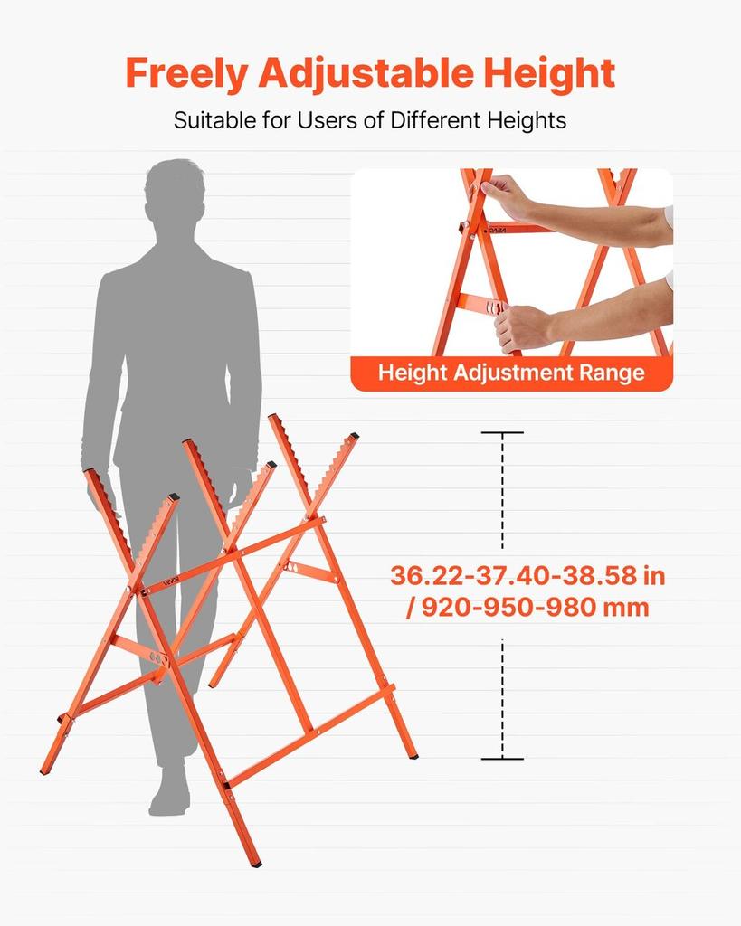 Saw Horses, 2 Pack Folding Work Horses, 117.9 kg Load Capacity Sawhorse with Heavy Duty Legs, Adjustable Height Saw Horse with Non-Slip Foot Pads, for