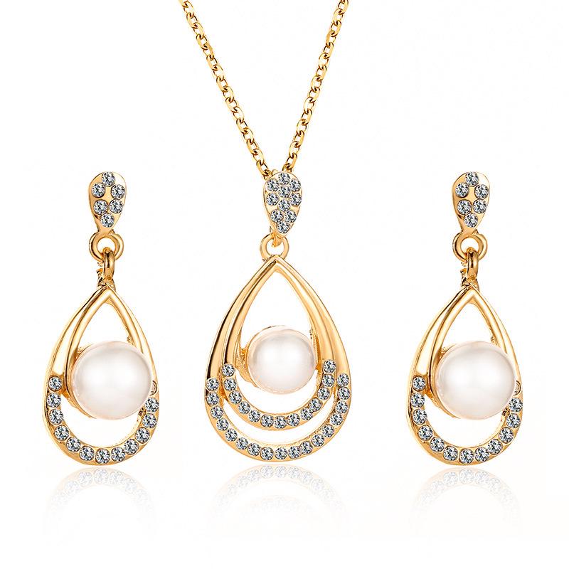 Diamond and Pearl Geometric Flower Jewelry Set - Necklace and Earrings for Women