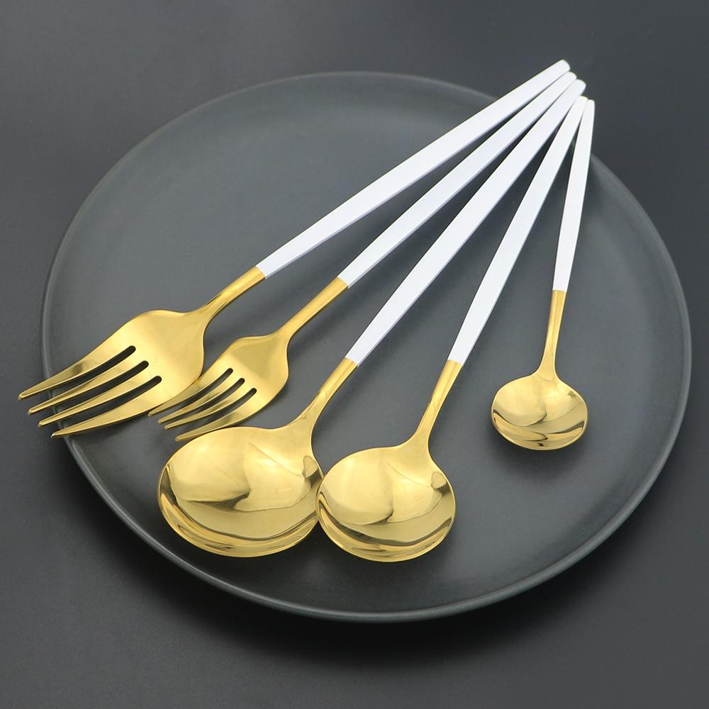 6Pcs Dinnerware Set White Gold Cutlery Set For One 304 Stainless Steel Knife Forks Spoons Dinner Set Kitchen Silverware Tableware Set