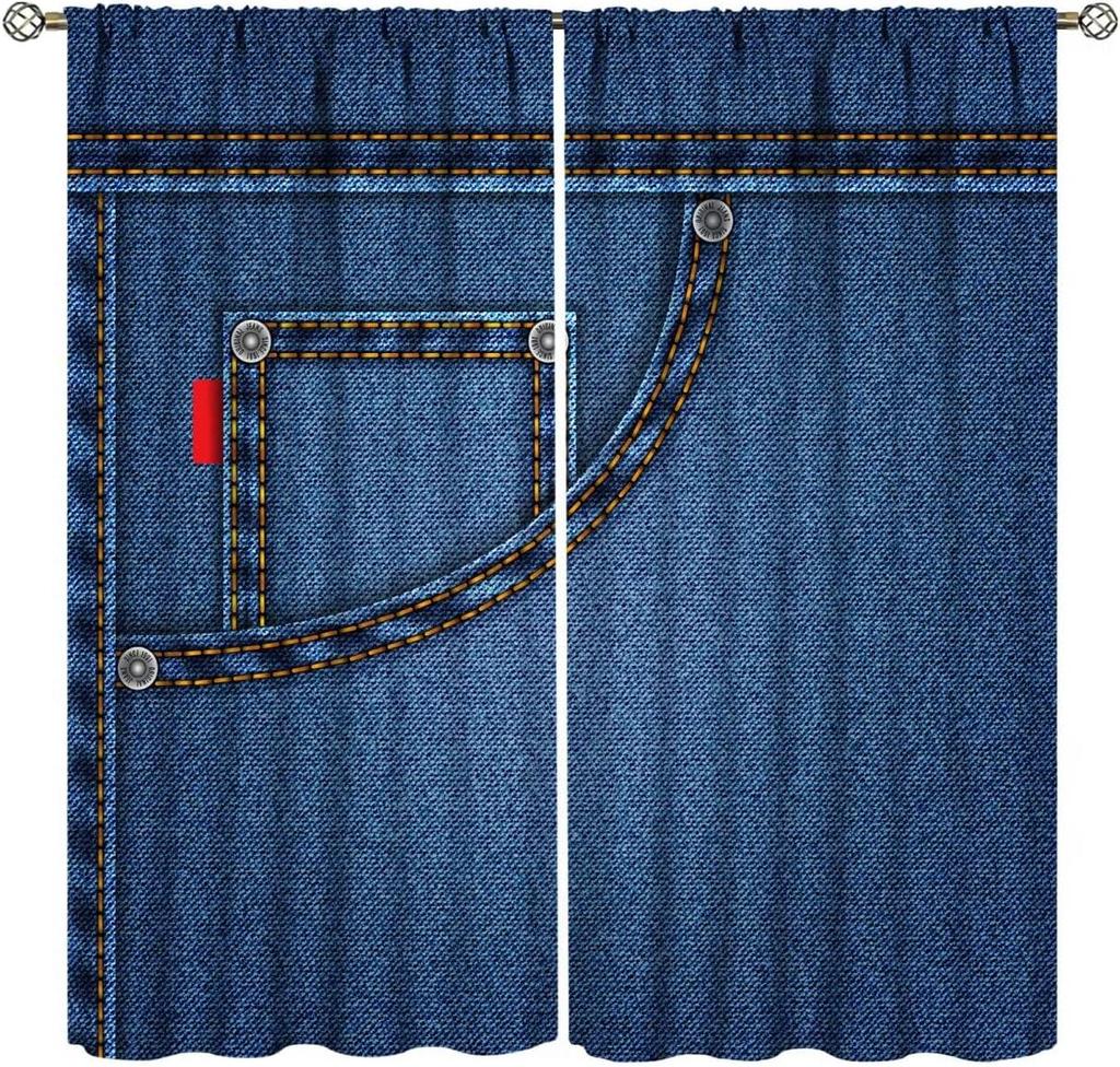 Modern Jeans Curtains Denim Retro Western Cowboy Style Design Art Print Curtain Bedroom Living Room Home With Rod Pocket Polyester Perfect For Area