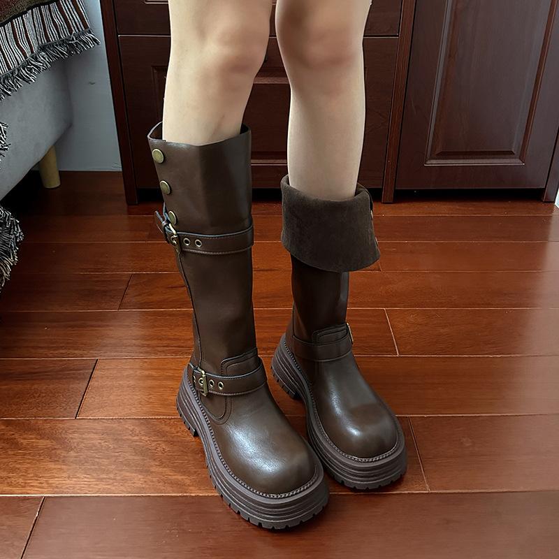Brown boots Maillard boots women's thick legs 2025 new summer retro two wear thick-soled high knight boots