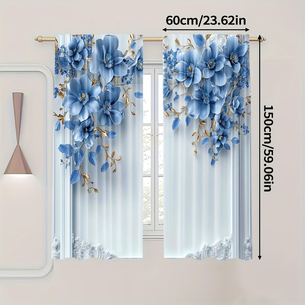2pcs Elegant Blue Floral Print Curtains – Polyester Rod Pocket Panels for Dining Room   Bedroom & Living Room