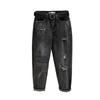 Women's High Waist Smoky Gray Ripped Jeans - Korean Style Slim Straight Harem Pants