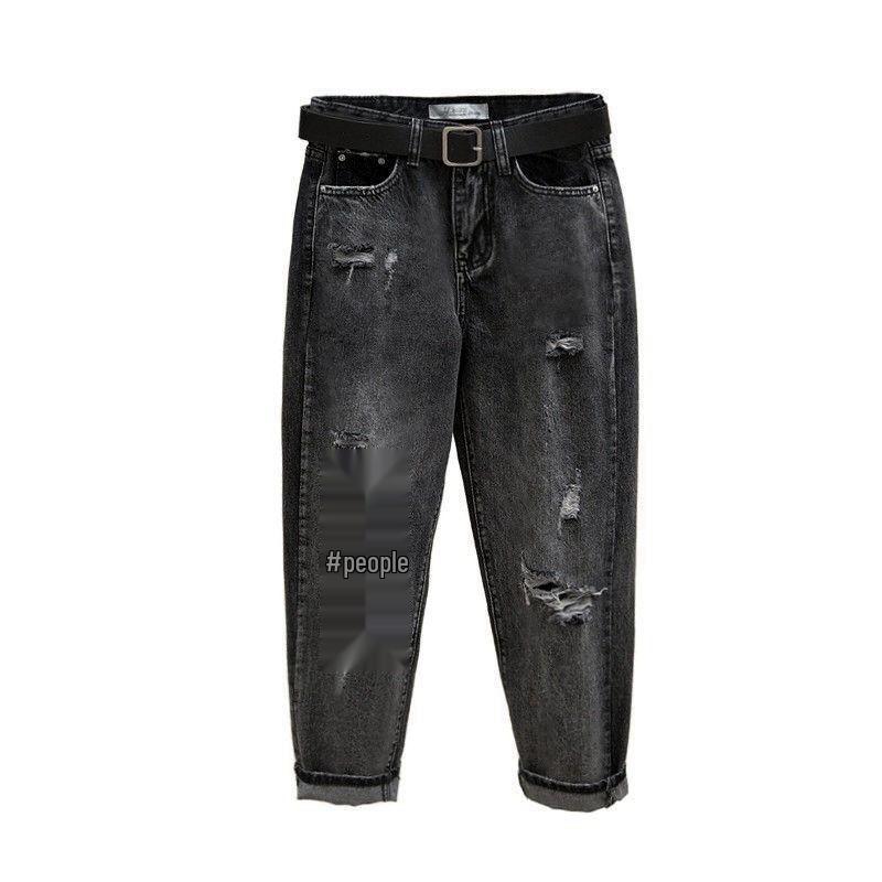 Women's High Waist Smoky Gray Ripped Jeans - Korean Style Slim Straight Harem Pants