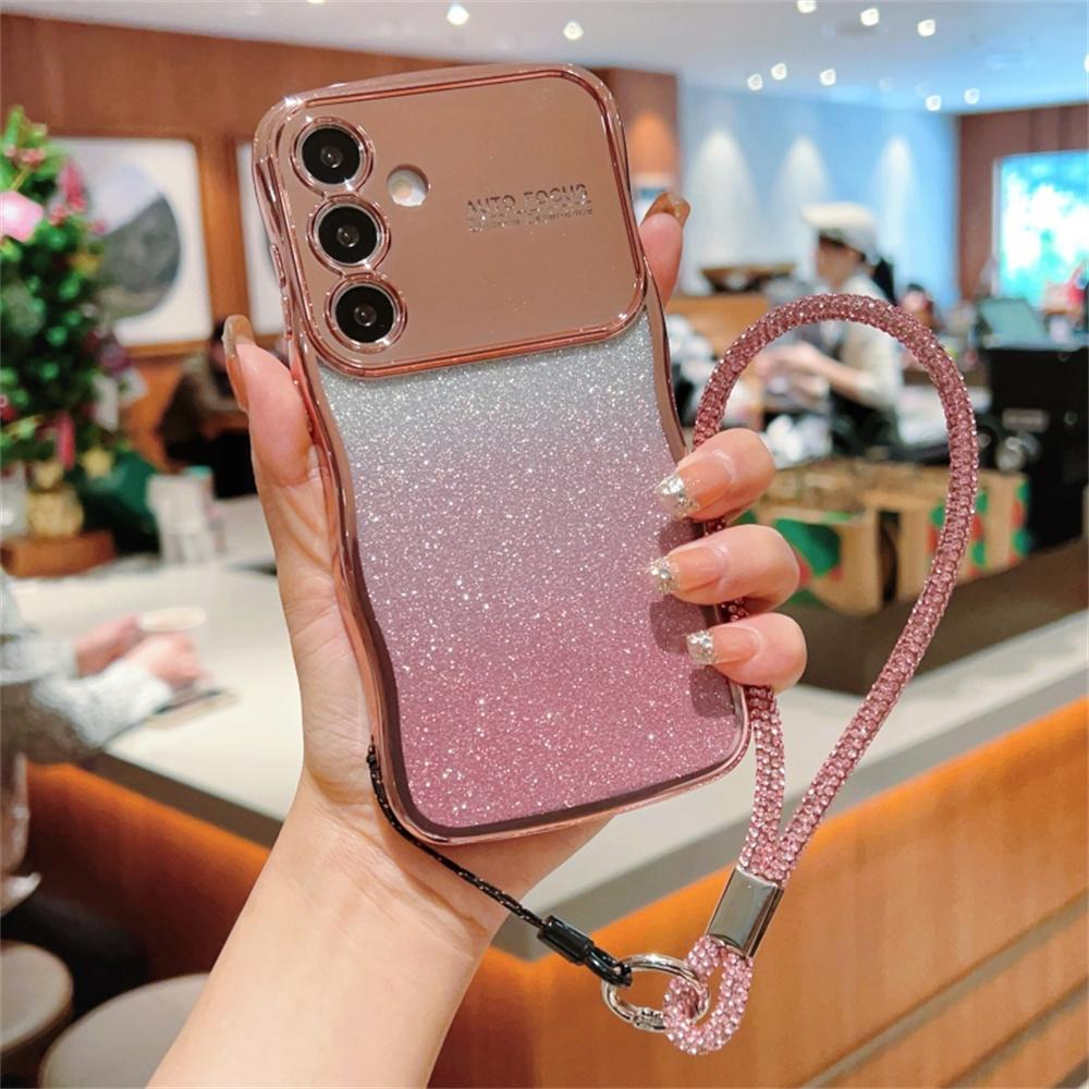 

For Samsung Galaxy S25+ Case with Strap Gradient Glitter Electroplating TPU Phone Cover Rose Pink