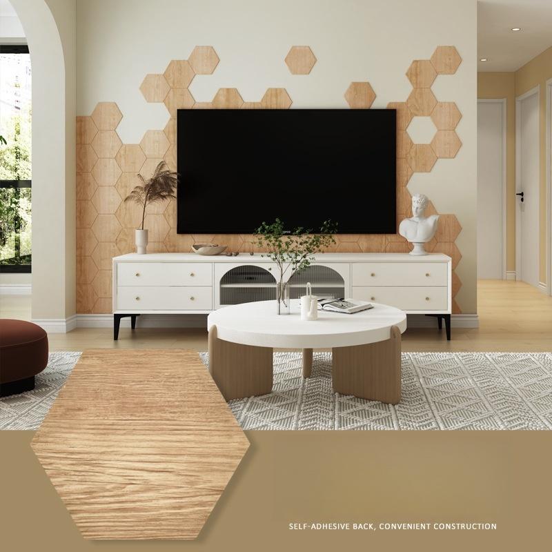 6pcs Hexagonal self-adhesive wallpaper waterproof stickers TV background wall decoration wood grain tile wallpaper